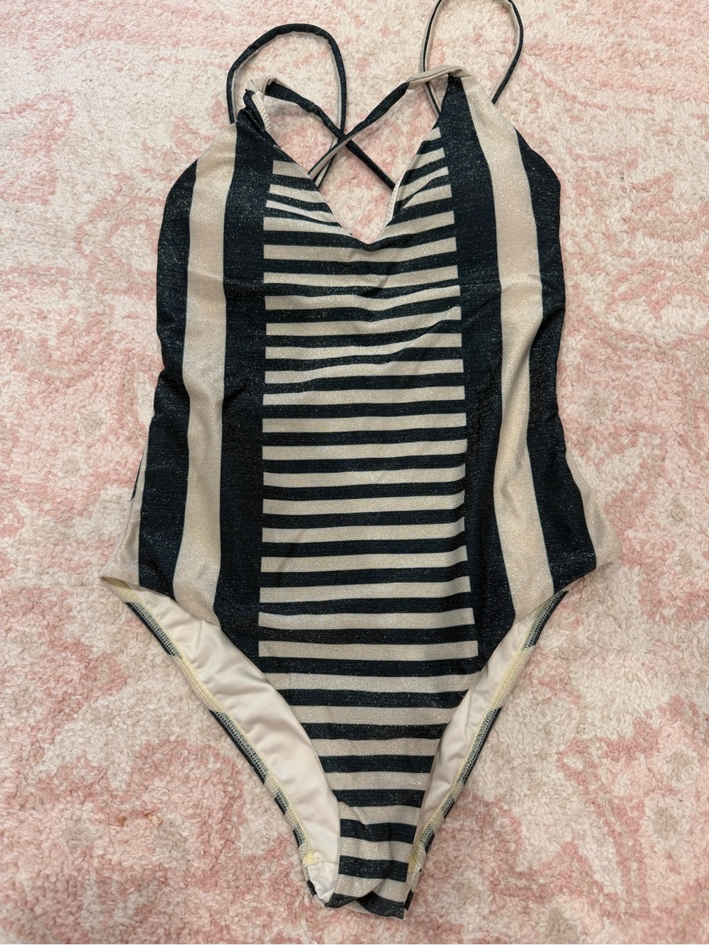Striped Black and Cream One-Piece Swimsuit with Cross-Back Straps